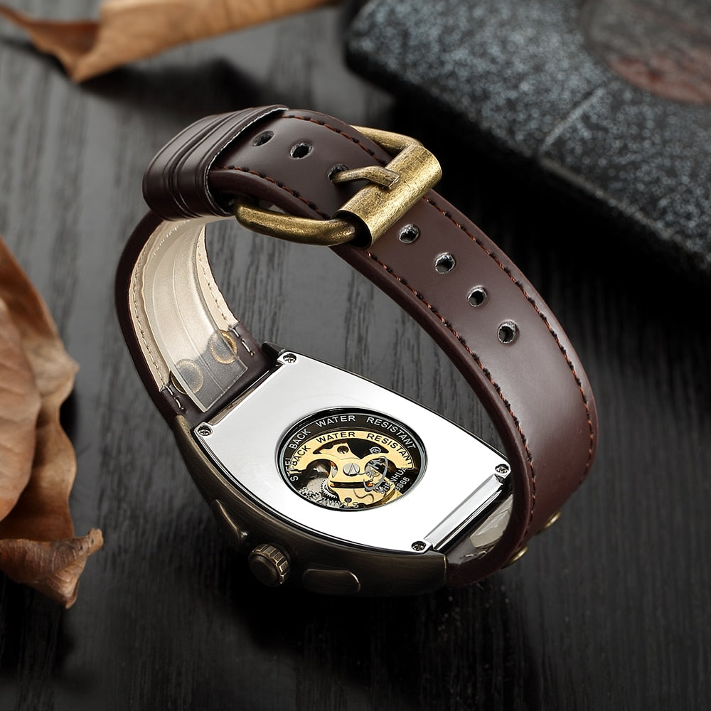 Transparent Skeleton Automatic Mechanical Watch Men Genuine Leather Belt Top Brand Luxury Self Winding Mens Retro Watch Clock