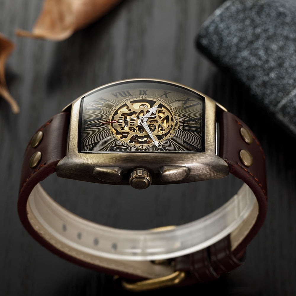 Transparent Skeleton Automatic Mechanical Watch Men Genuine Leather Belt Top Brand Luxury Self Winding Mens Retro Watch Clock